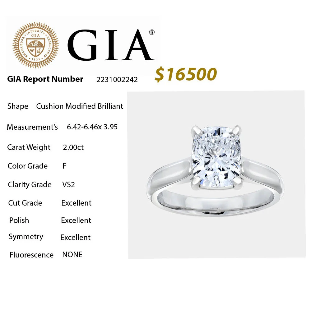 <span style="color:purple">SPECIAL!</span> 2.00CT F VS2  GIA CERTIFIED Cushion Modified Brilliant Radiant Cut Natural Diamond