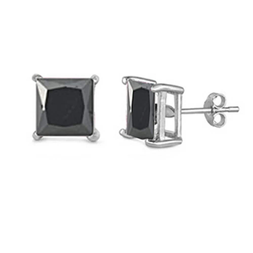 Black Cubic Zirconia Casting Princess Stud Earrings Push Back .925 Sterling Silver Sizes 2-10mm - Image 2