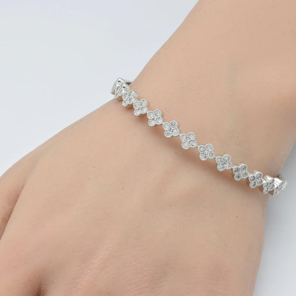 <span style="color:purple">SPECIAL!</span>1.36ct G SI 14K White Gold Diamond Clover Design Bangle Bracelet - Image 2