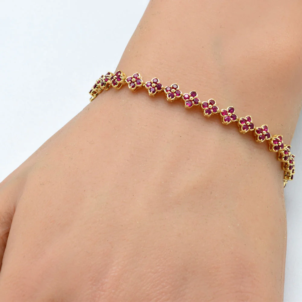 <span style="color:purple">SPECIAL!</span> 4.19ct G SI 14K Yellow Gold Ruby Gemstone Clover Design Bracelet 7" Long - Image 2