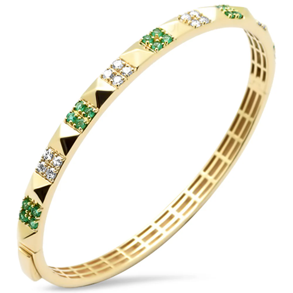 <span style="color:purple">SPECIAL!</span>1.10ct G SI 14K Yellow Gold Diamond & Emerald Gemstone Spike Studded Bangle Bracelet