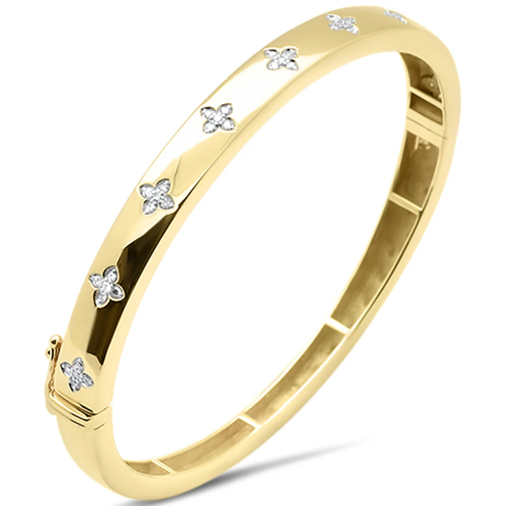 <span style="color:purple">SPECIAL!</span>.23ct G SI 14K Yellow Gold Round Diamond Clover Style Bangle Bracelet