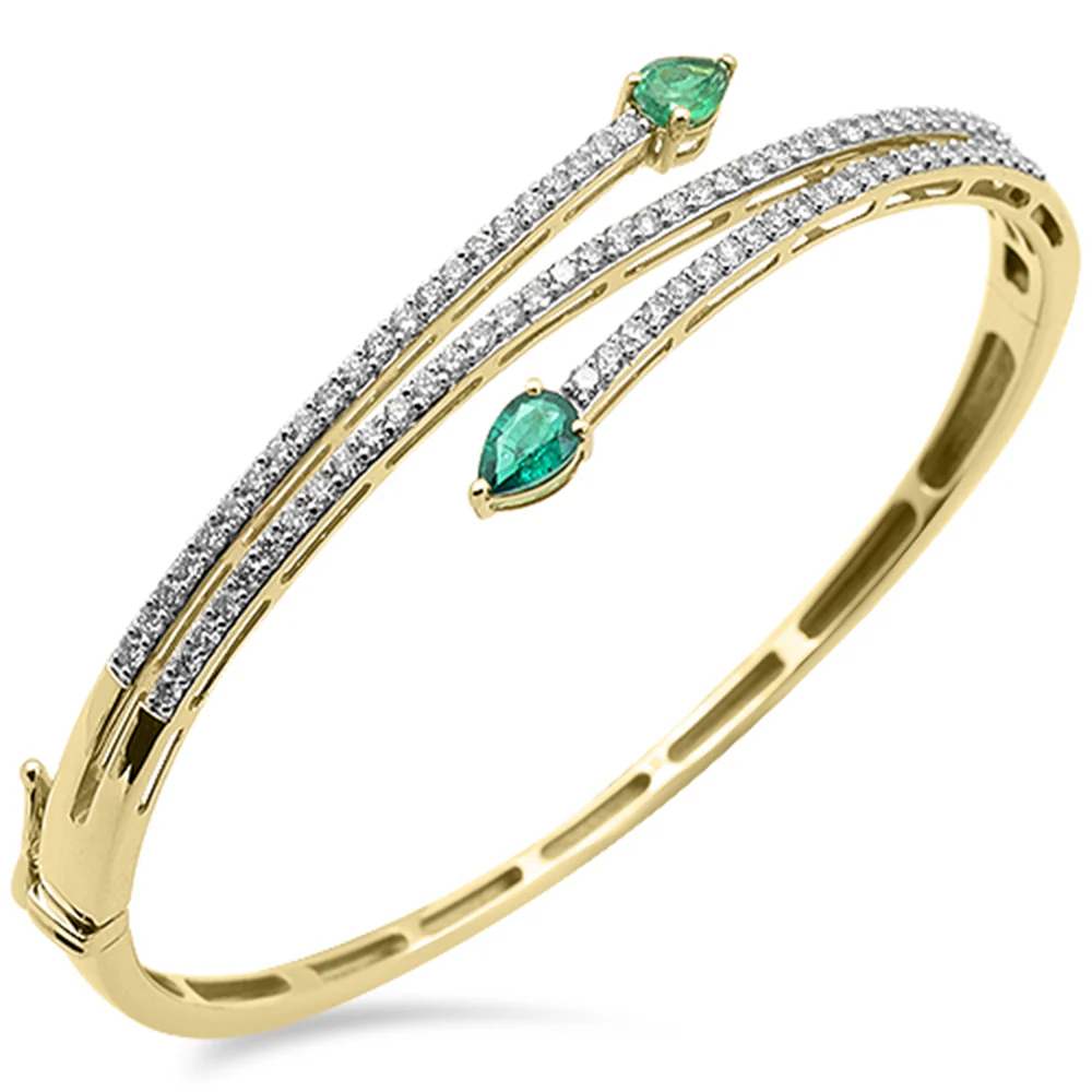 <span style="color:purple">SPECIAL!</span> 1.91ct G SI 14K Yellow Gold Diamond & Emerald Gemstone Bangle Bracelet