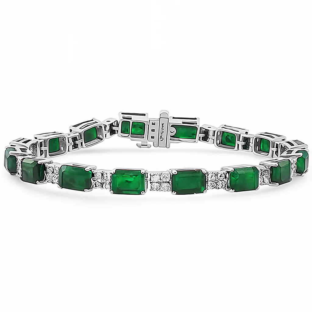 <span style="color:purple">SPECIAL!</span> 16.25ct G SI 14K White Gold Diamond & Emerald Gemstone Bracelet 7" Long