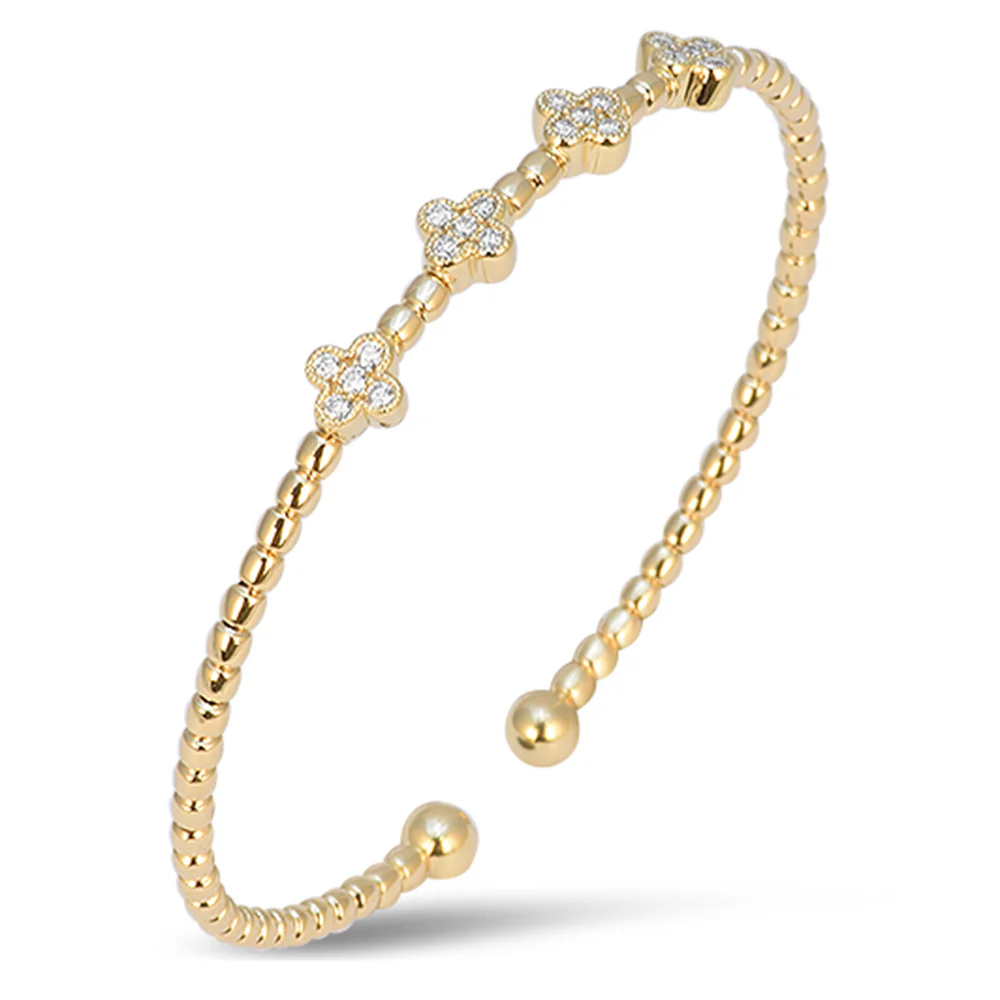 <span style="color:purple">SPECIAL!</span> .32ct G SI 14kt Yellow Gold Diamond Beaded Clover Open Cuff Bangle
