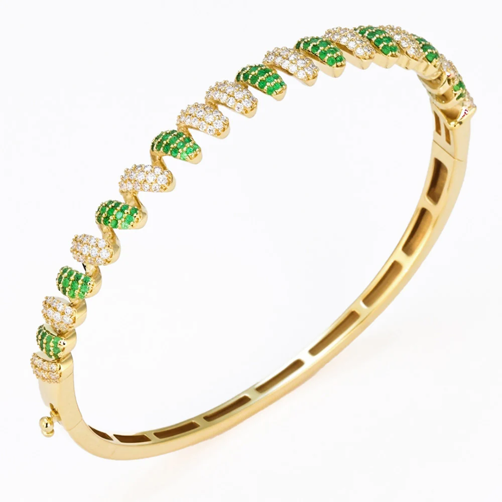<span style="color:purple">SPECIAL!</span> 1.21ct G SI 14kt Yellow Gold Diamond & Emerald Spiral Design Bangle Bracelet