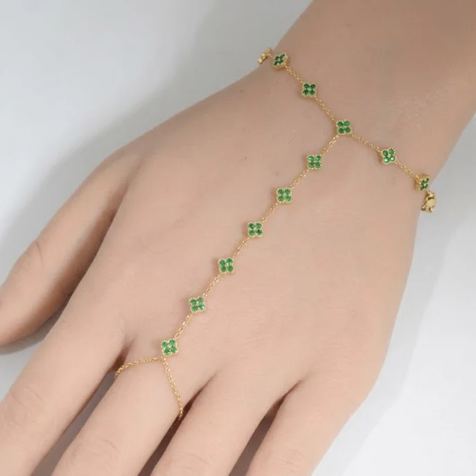 <span style="color:purple">SPECIAL!</span> .72ct G SI 14kt Yellow Gold Emerald Bracelet & Ring Hand Chain 7+3" Long - Image 2