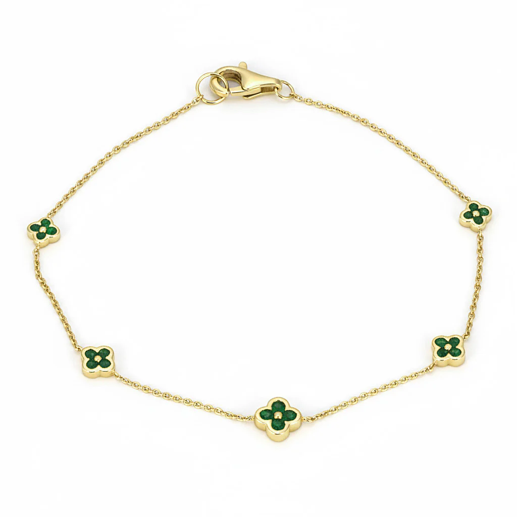 <span style="color:purple">SPECIAL!</span> .49ct G SI 14kt Yellow Gold Emerald Gemstone Clover Bracelet 7" Long