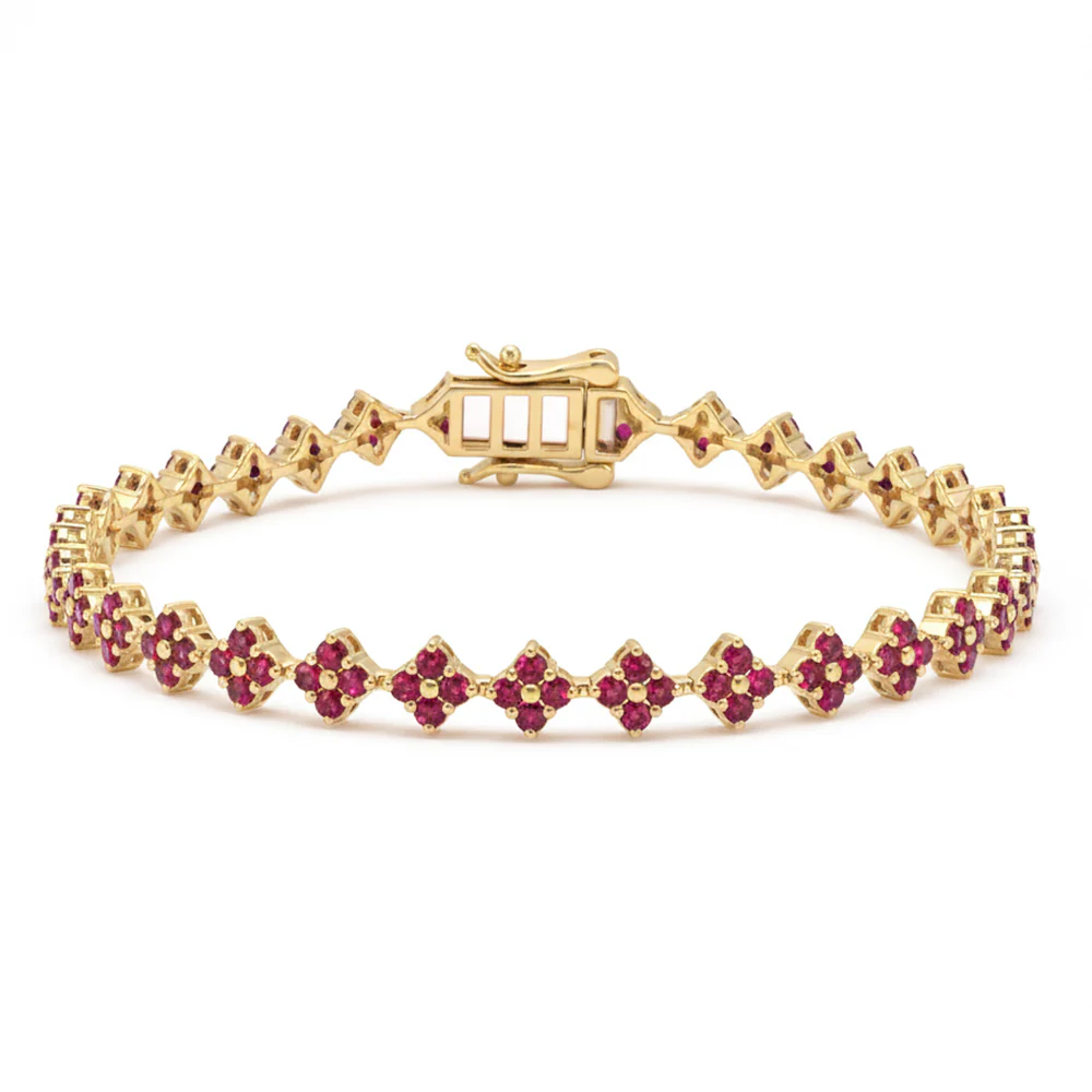 <span style="color:purple">SPECIAL!</span> 3.36ct G SI 14kt Yellow Gold Ruby Gemstone Clover Bracelet 7" Long