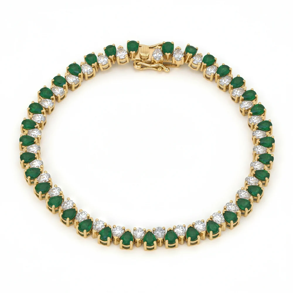 <span style="color:purple">SPECIAL!</span> 8.29ct G SI 14kt Yellow Gold Diamond & Emerald Gemstone Bracelet 7" Long