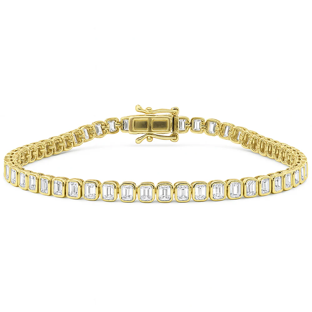 <span style="color:purple">SPECIAL!</span> 4.57ct G SI 14K Yellow Gold Emerald Cut Diamond Bezel Set Tennis Bracelet 7" Long