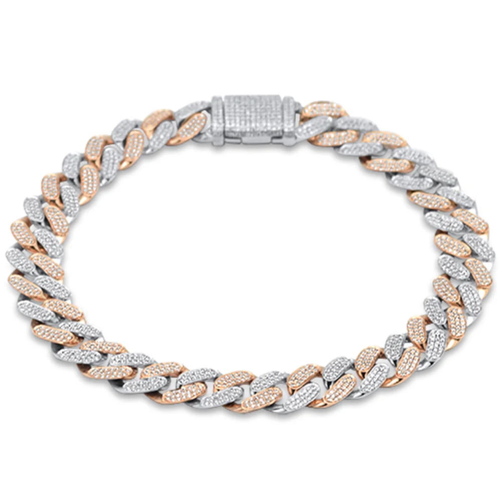 <span style="color:purple">SPECIAL!</span> 9mm 1.34ct G SI 14K Two Tone Rose & White Gold Diamond Round Cuban Bracelet 8" Long