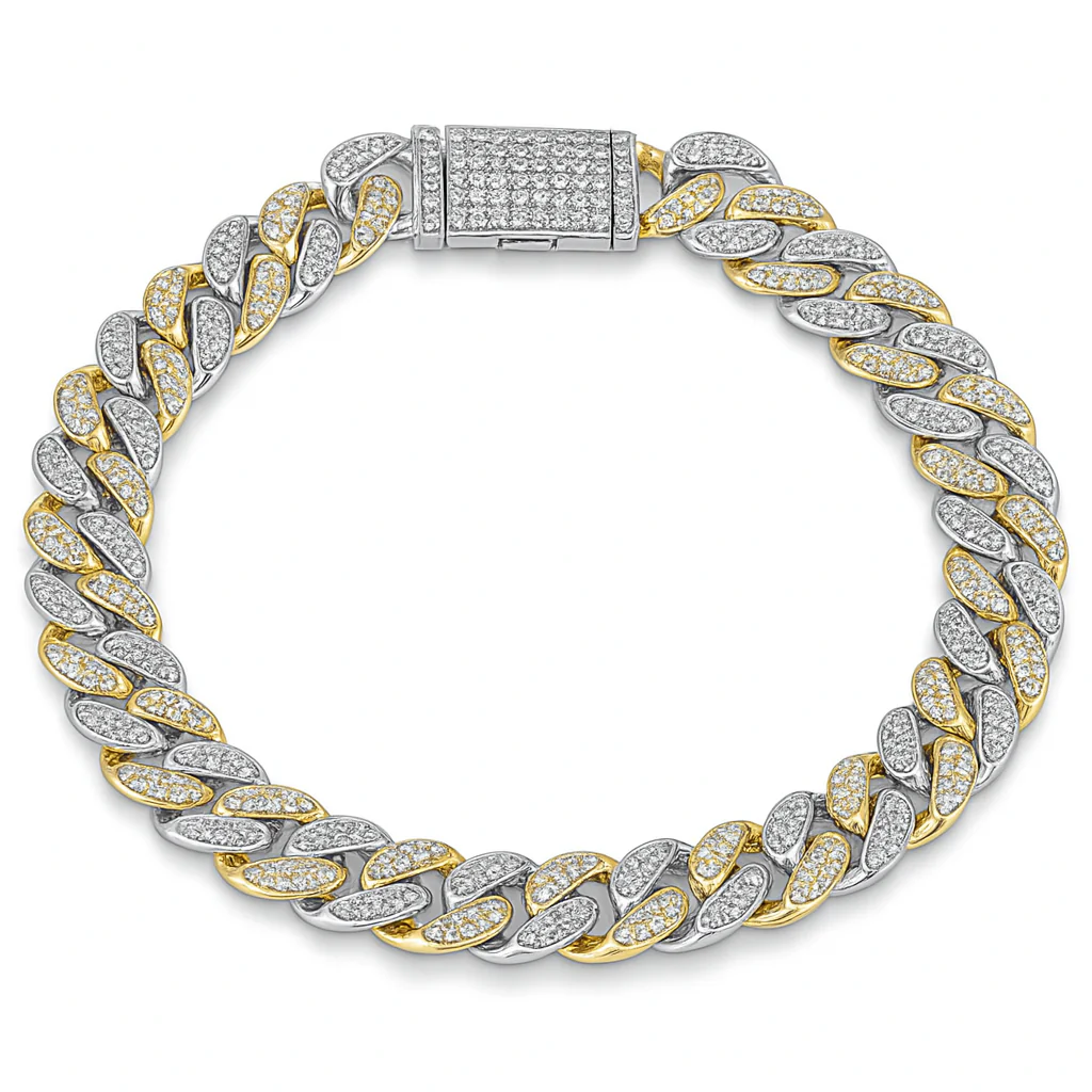<span style="color:purple">SPECIAL!</span> 9mm 2.57ct G SI 14K Two Tone Gold Diamond Round Cuban Bracelet 8"