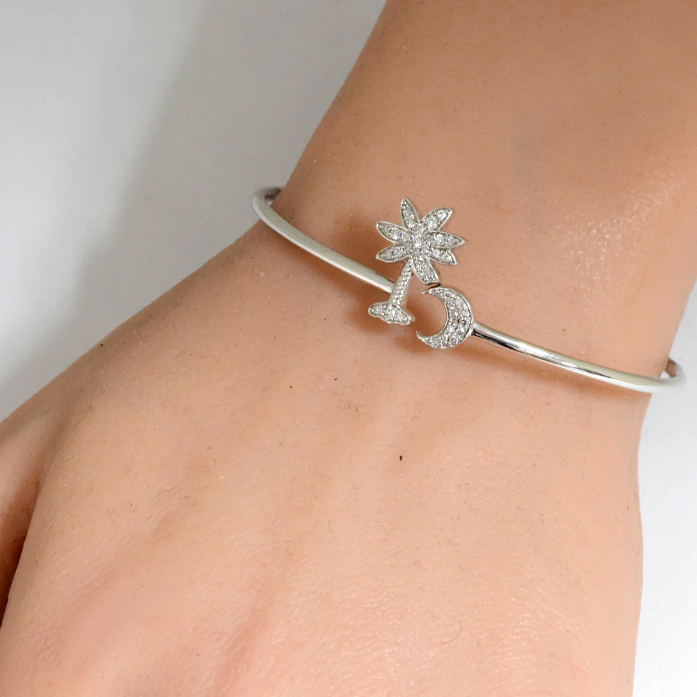 <span>DIAMOND CLOSEOUT! </span>.25ct G SI 14K White Gold Diamond Wrap around Palm Tree & Moon Bangle Bracelet 7" Long - Image 2