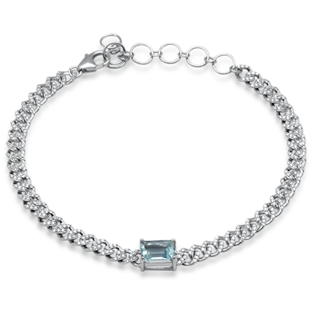 <span style="color:purple">SPECIAL!</span>1.53ct G SI 14K White Gold Aqua Gemstone & Diamond Cuban Bracelet 6+1.5" Long