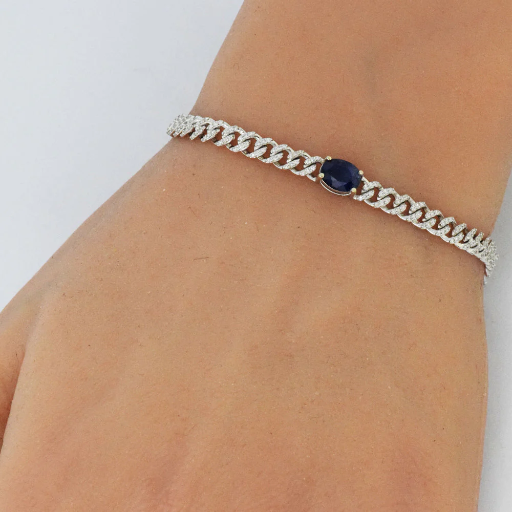 <span style="color:purple">SPECIAL!</span>1.49ct G SI 14K White Gold Oval Blue Sapphire Gemstone & Diamond Cuban Bracelet 6+1.5" Long - Image 2
