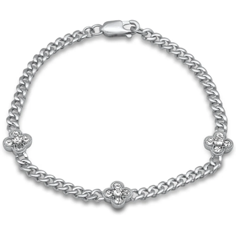 <span style="color:purple">SPECIAL!</span>  .59ct G SI 14K White Gold Aquamarine Gemstone Flower Cuban Bracelet 7" Long