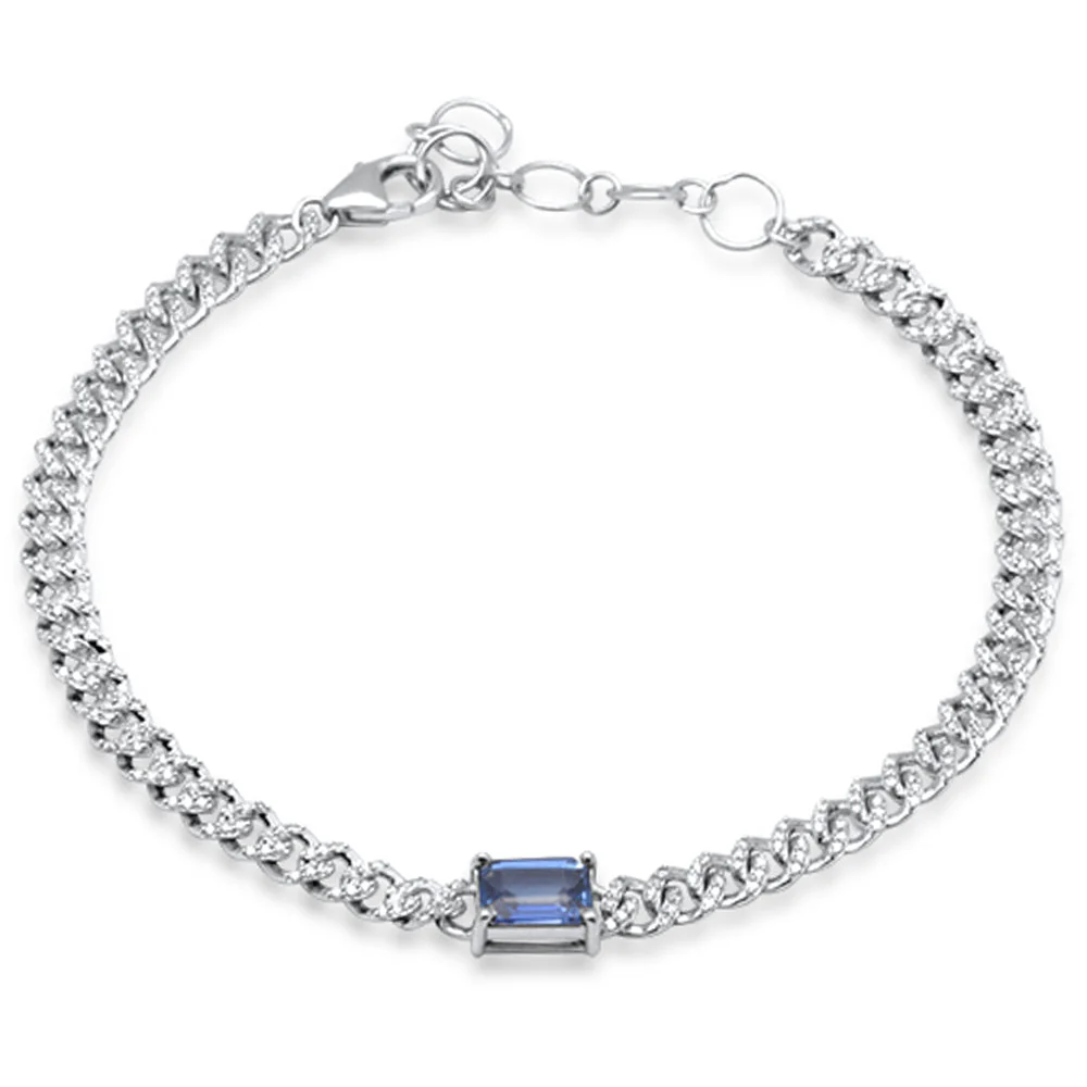 <span style="color:purple">SPECIAL!</span>1.20ct G SI 14K White Gold Blue Sapphire Gemstone & Diamond Cuban Bracelet 6+1.5" Long