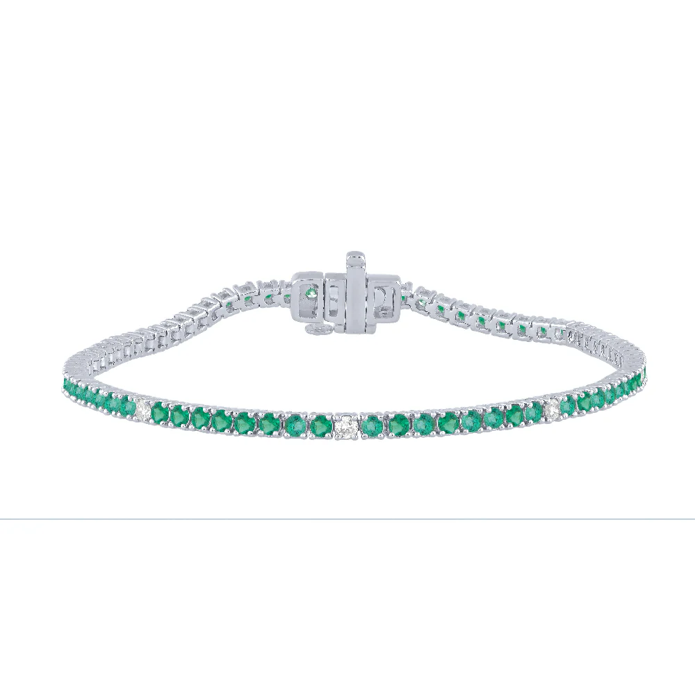 <span style="color:purple">SPECIAL!</span> 2.68ct G SI 14K White Gold Diamond & Green Emerald Tennis Bracelet 7" Long