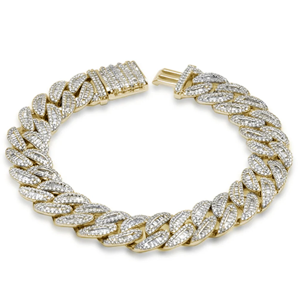 <span style="color:purple">SPECIAL!</span> 9mm 3.65ct G SI 14K Yellow Gold Round & Baguette Iced Out Diamond Cuban Bracelet 8" Long