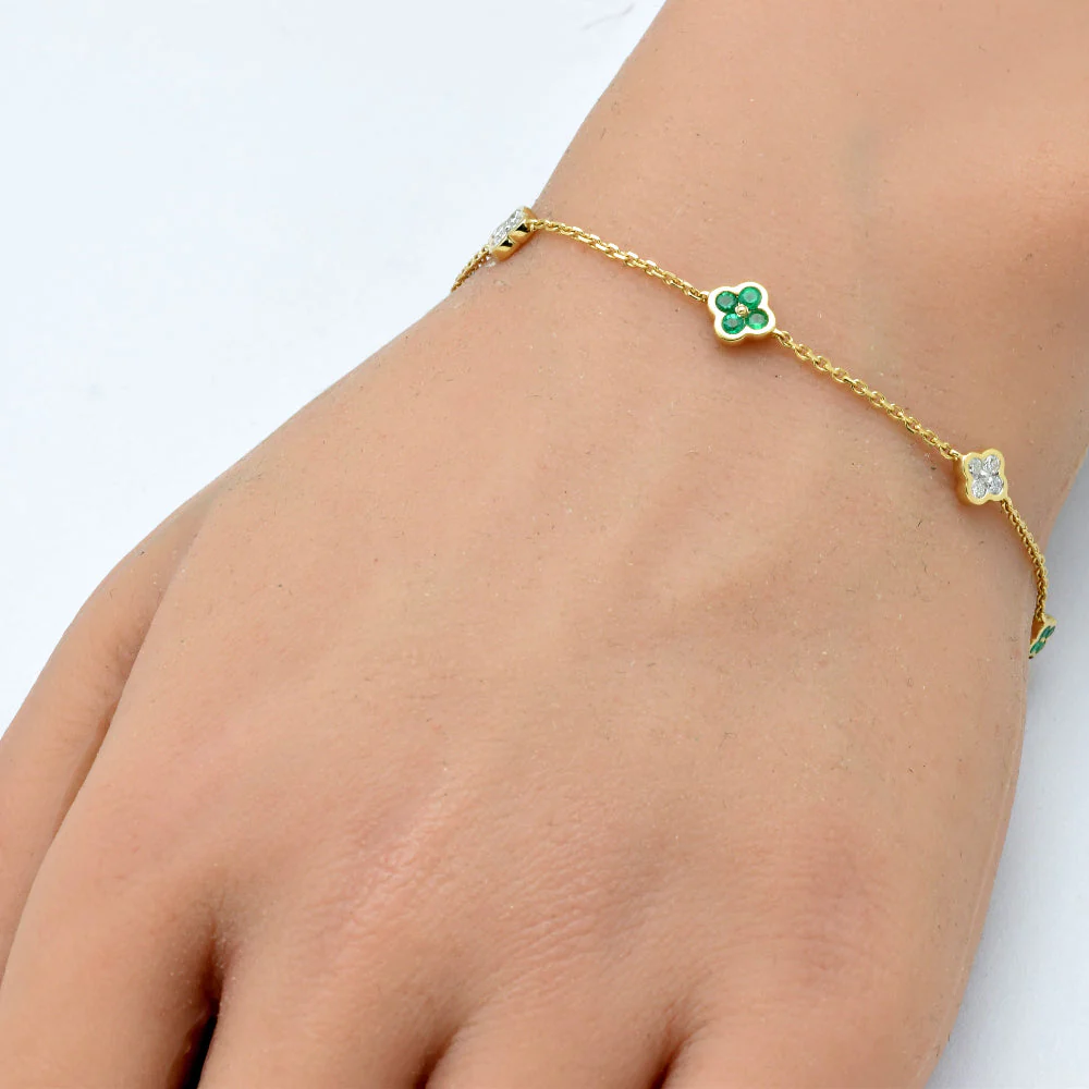 <span style="color:purple">SPECIAL!</span>.43ct G SI 14K Yellow Gold Diamond & Emerald Gemstone Flower Chain Bracelet 7" Long - Image 2