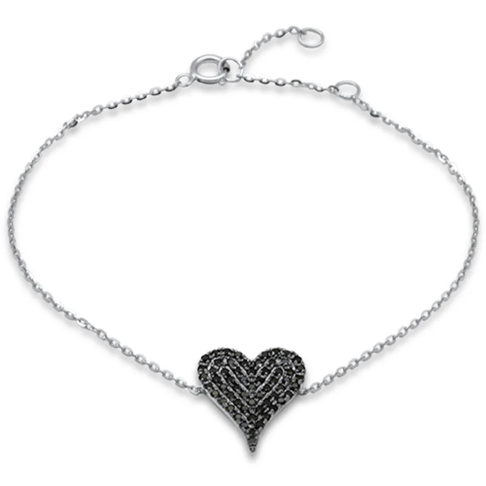 .41ct G SI 14K White Gold Black Diamond Heart Chain Bracelet 7" Long