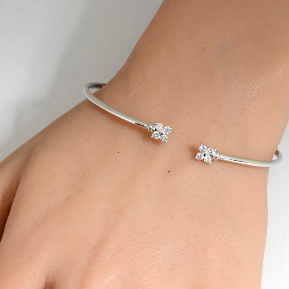 <span style="color:purple">SPECIAL!</span> .40ct G SI 14K White Gold Diamond Flexible Flower Open Bangle Bracelet - Image 2