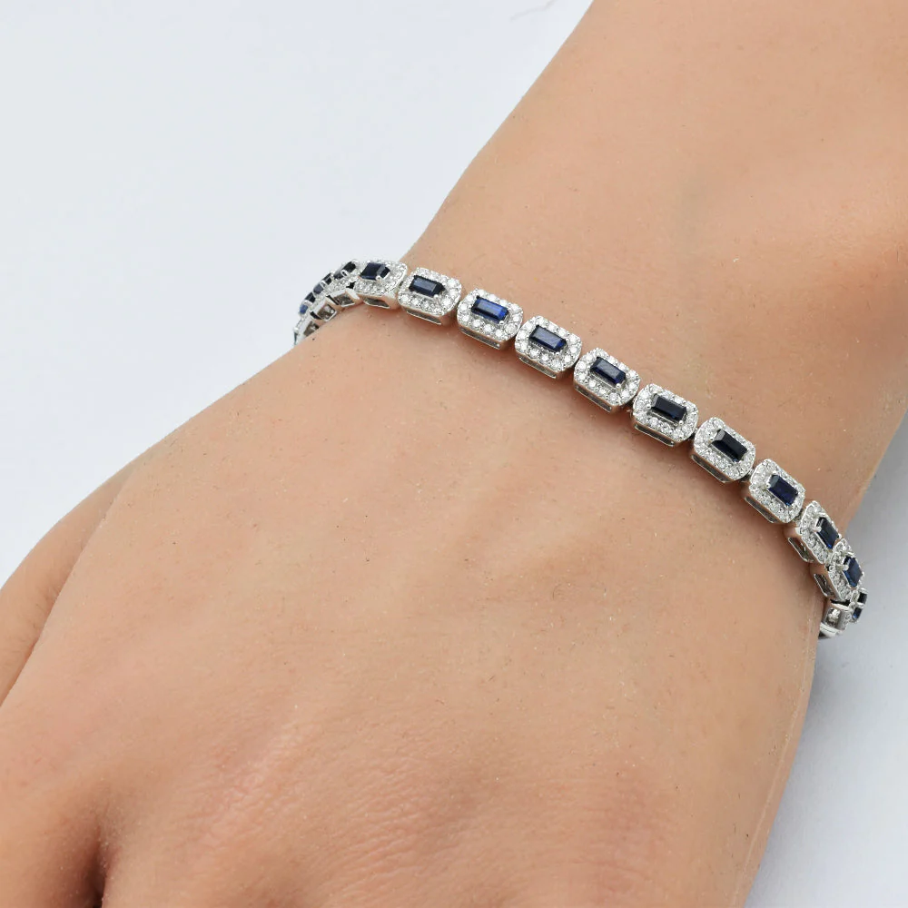 <span style="color:purple">SPECIAL!</span> 4.41ct G SI 14K White Gold Diamond & Blue Sapphire Gemstones Tennis Bracelet 7" Long - Image 2