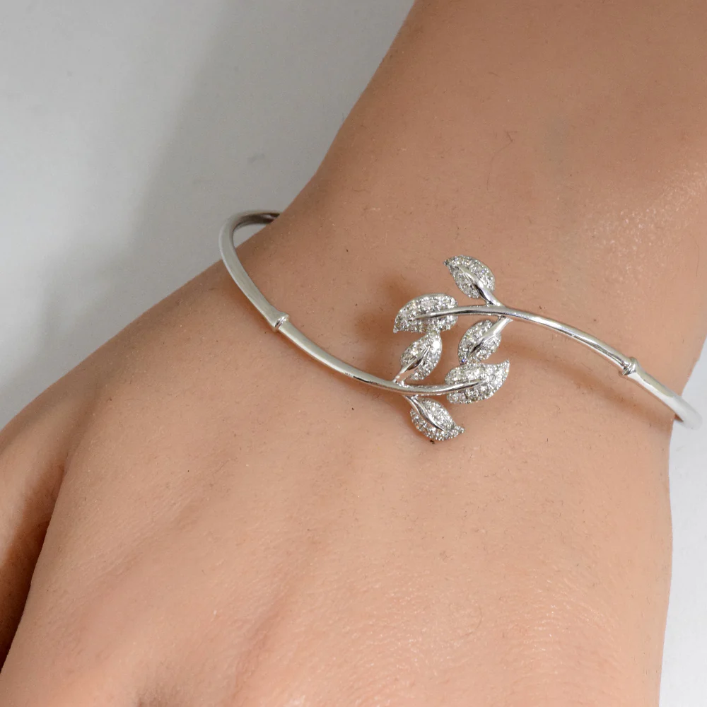 <span style="color:purple">SPECIAL!</span>.47ct G SI 14K White Gold Diamond Flexible Leaf Bangle Bracelet - Image 2