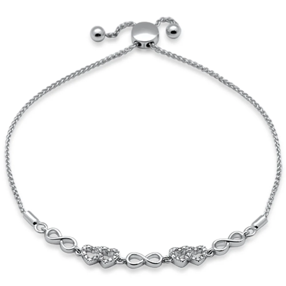 <span style="color:purple">SPECIAL!</span>.09ct G SI 14K White Gold Diamond Infinty & Heart Adjustable Bola Bracelet 7.25" Long Adjustable