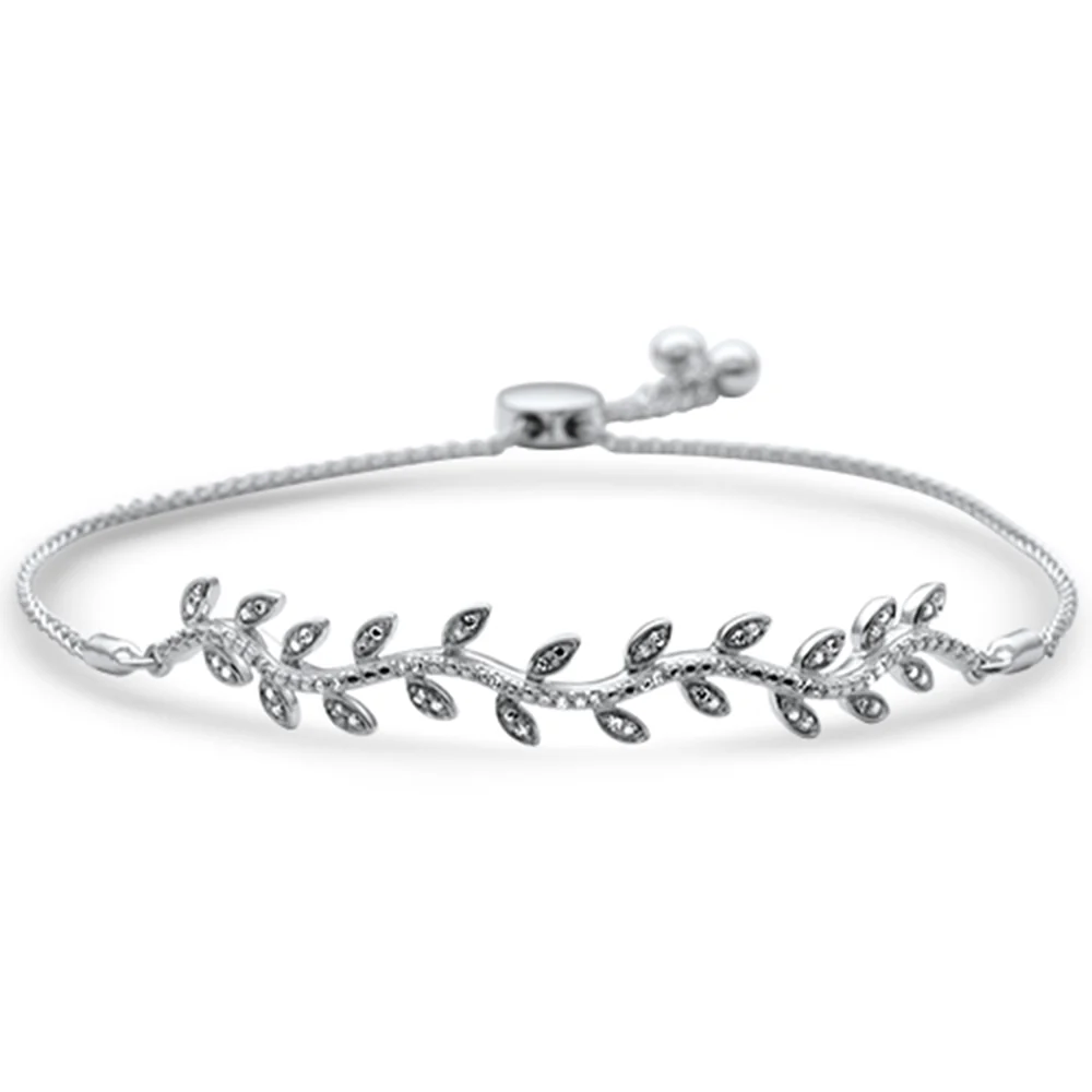 <span style="color:purple">SPECIAL!</span>.10ct G SI 14K White Gold Diamond Leaf Adjustable Bola Bracelet 7.25" Long Adjustable