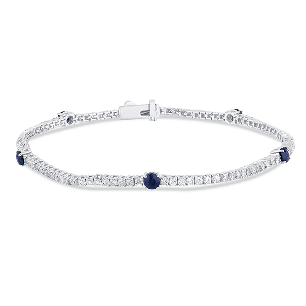 <span style="color:purple">SPECIAL!</span> 2.22ct G SI 14K White Gold Diamond & Blue Sapphire Gemstones Tennis Bracelet 7" Long