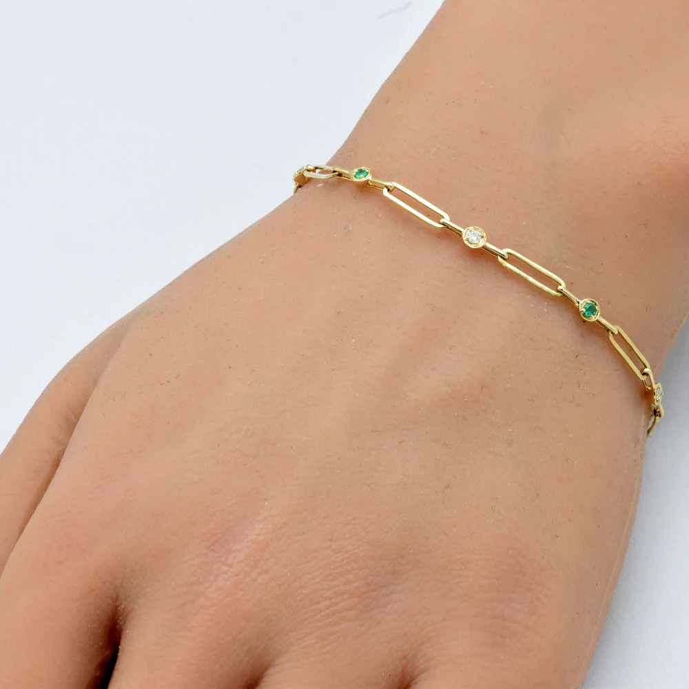 <span style="color:purple">SPECIAL!</span> .23ct G SI 14K Yellow Gold Diamond Emerald Gemstones Paper Clip Bracelet 7" Long - Image 2