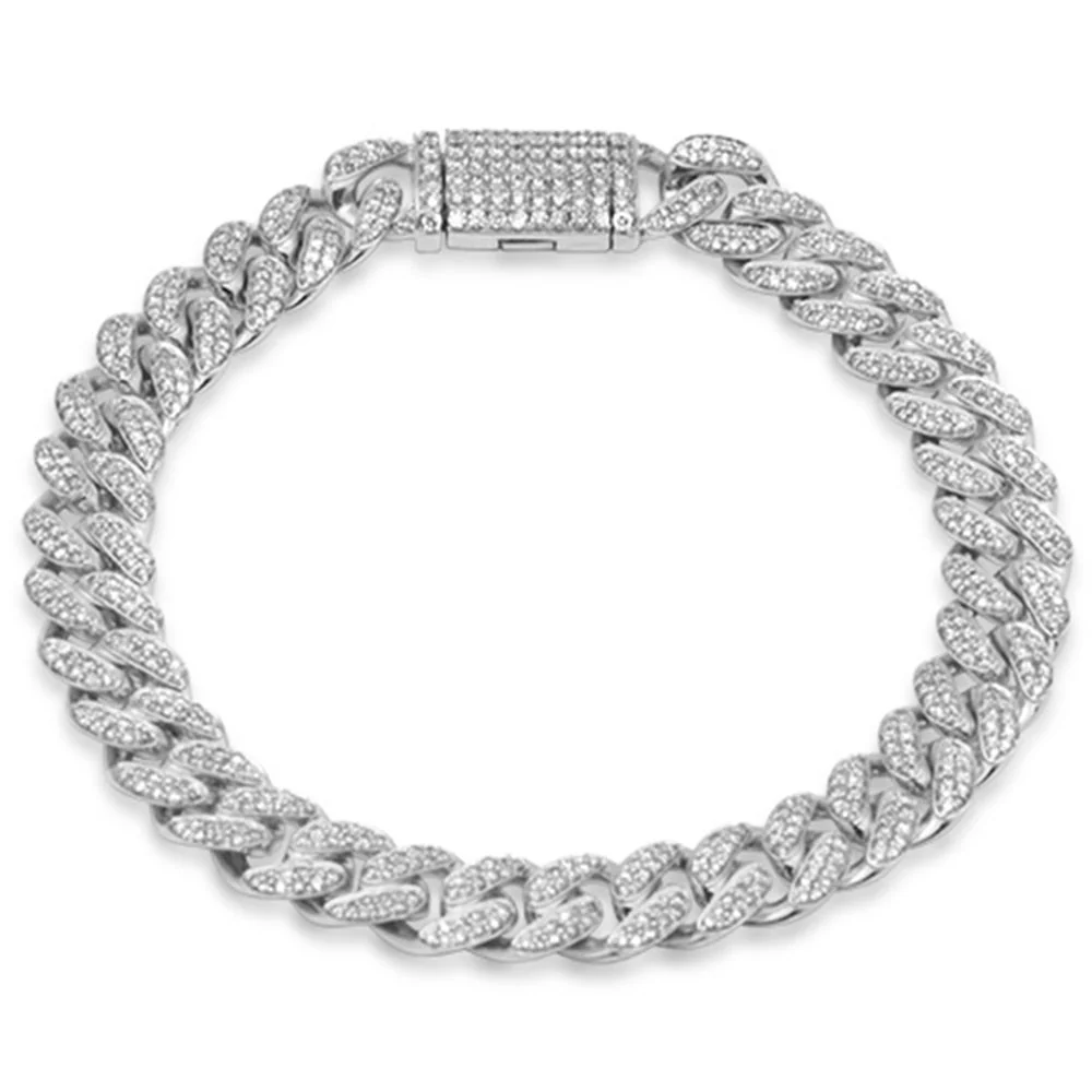 <span style="color:purple">SPECIAL!</span>9MM 2.61ct G SI 14K White Gold Diamond Micro Pave Round Miami Cuban Bracelet 8" Long