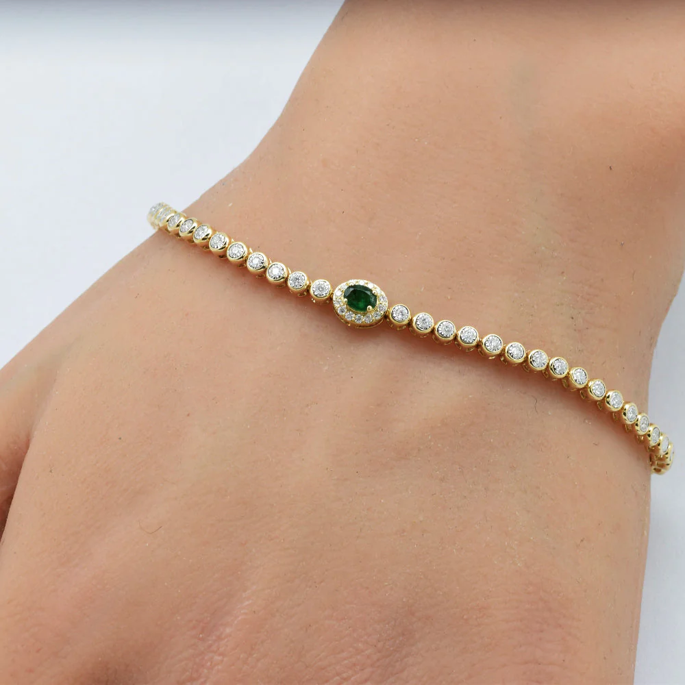 <span style="color:purple">SPECIAL!</span> .43ct G SI 14K Yellow Gold Round Diamond & Emerald Gemstone Bracelet 7" - Image 2