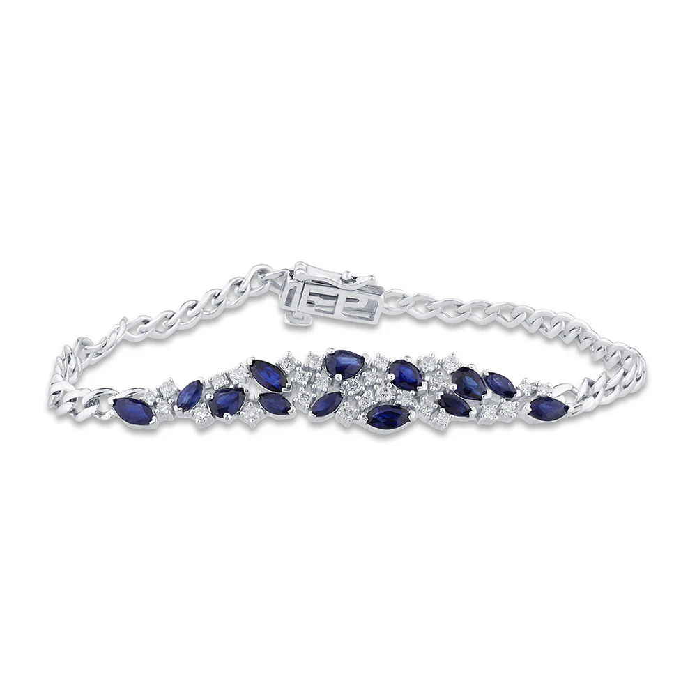 <span style="color:purple">SPECIAL!</span> 2.39ct G SI 14K White Gold Diamond Pear & Marquise Blue Sapphire Cuban Bracelet 7" Long