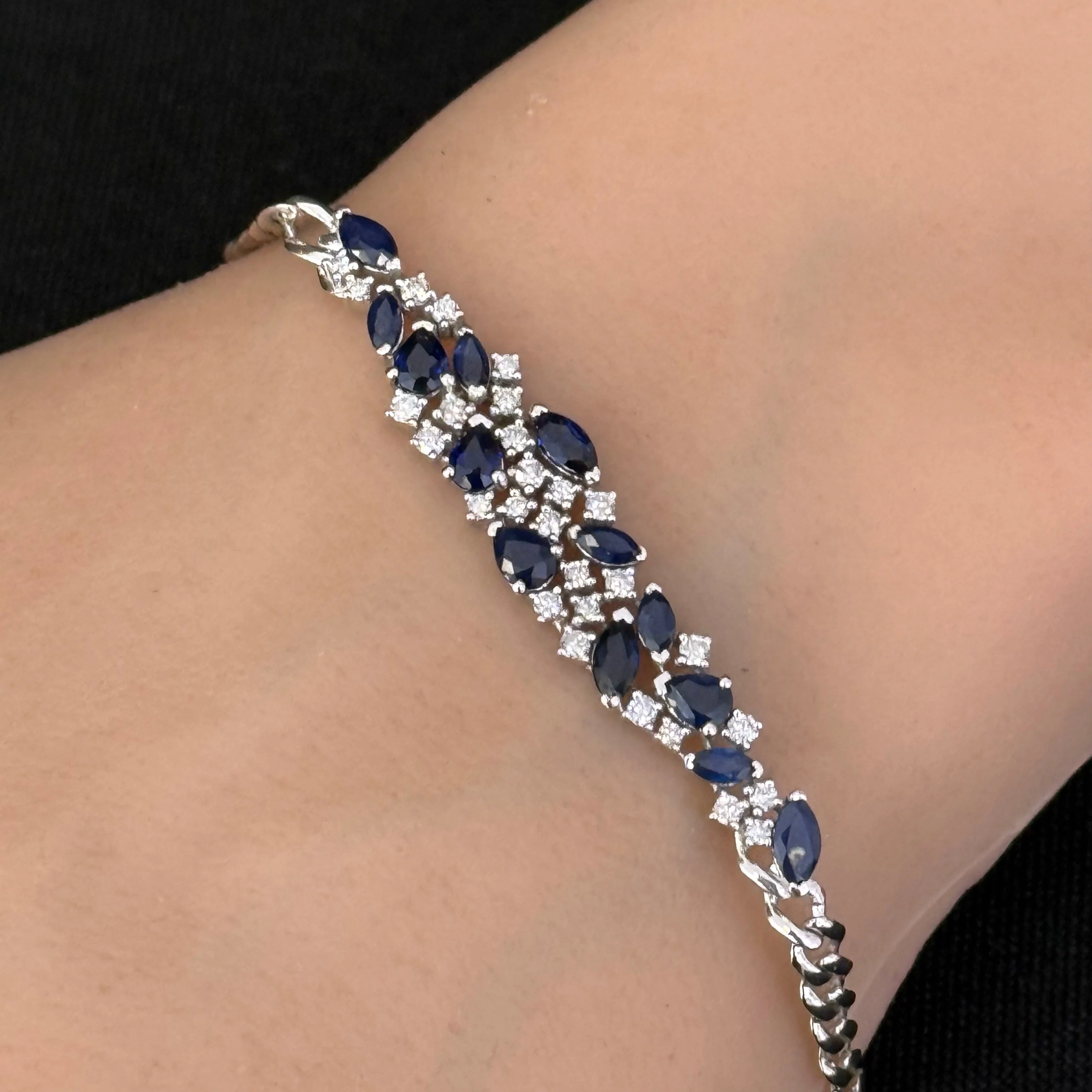 <span style="color:purple">SPECIAL!</span> 2.39ct G SI 14K White Gold Diamond Pear & Marquise Blue Sapphire Cuban Bracelet 7" Long - Image 2