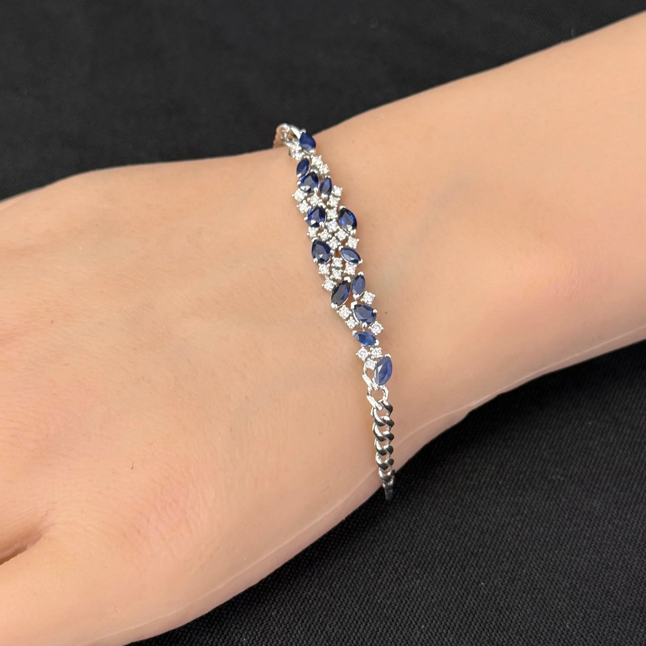 <span style="color:purple">SPECIAL!</span> 2.39ct G SI 14K White Gold Diamond Pear & Marquise Blue Sapphire Cuban Bracelet 7" Long - Image 3