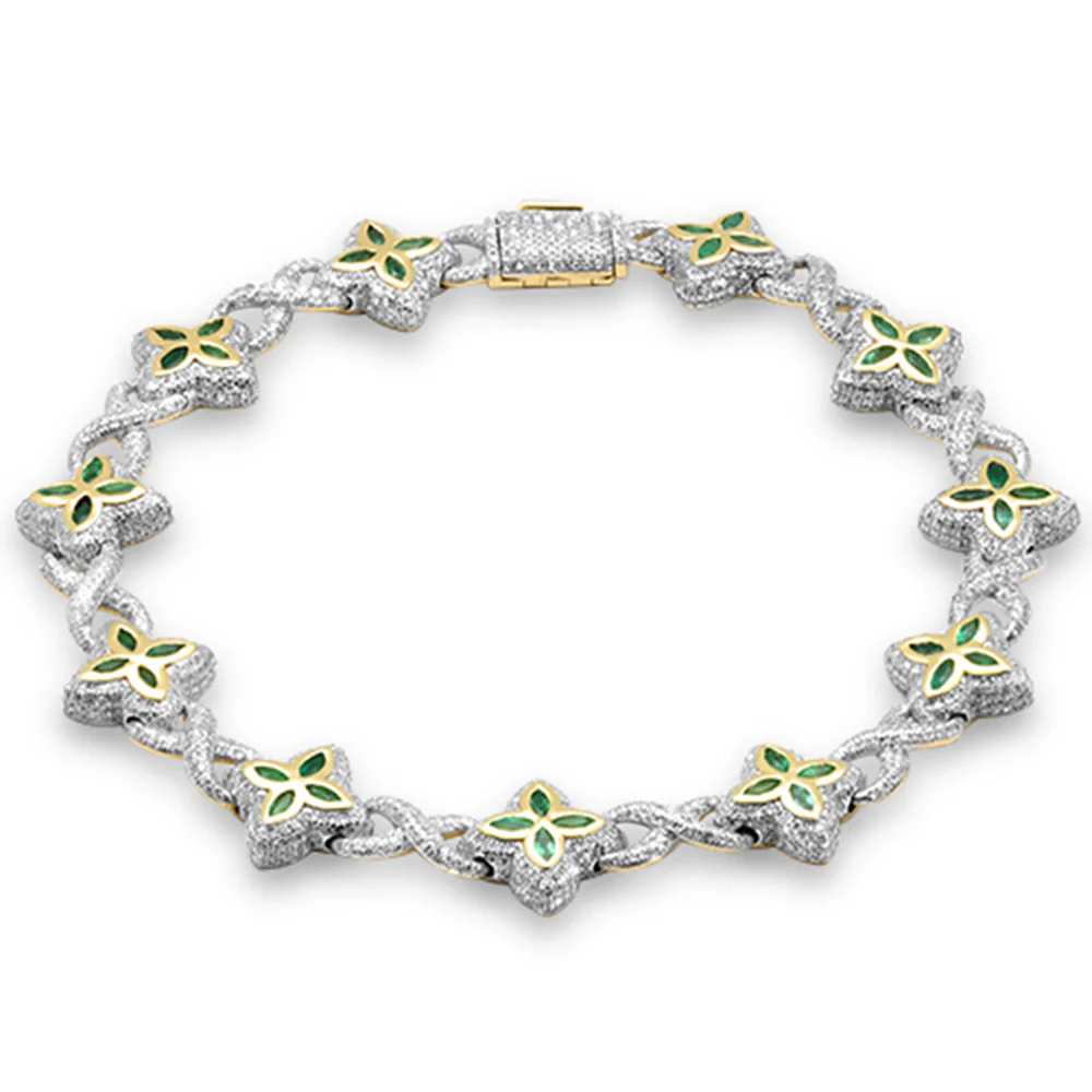 <span style="color:purple">SPECIAL!</span>4.35ct G SI 14K Yellow Gold Diamond & Emerald Gemstone Clover Infinity Bracelet 8" Long