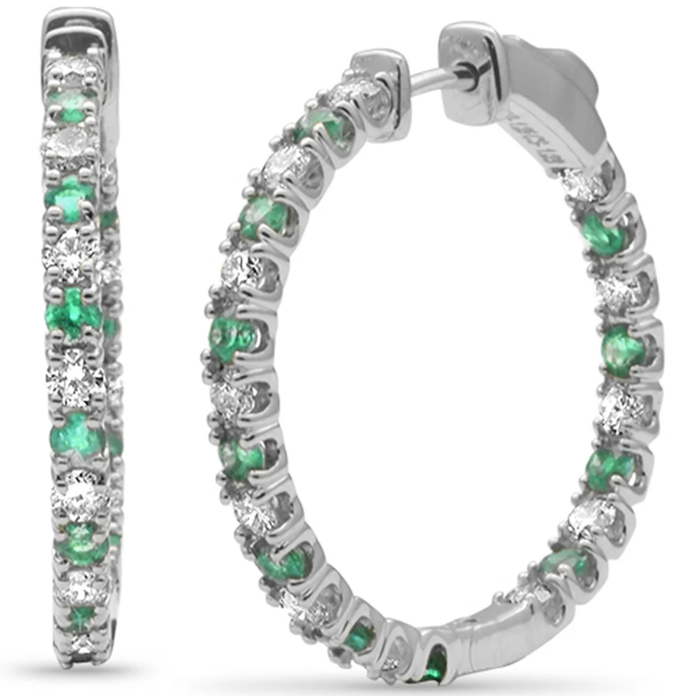 <span style="color:purple">SPECIAL!</span> 1.95ct G SI 14K White Gold Diamond & Green Emerald Hoop Earrings