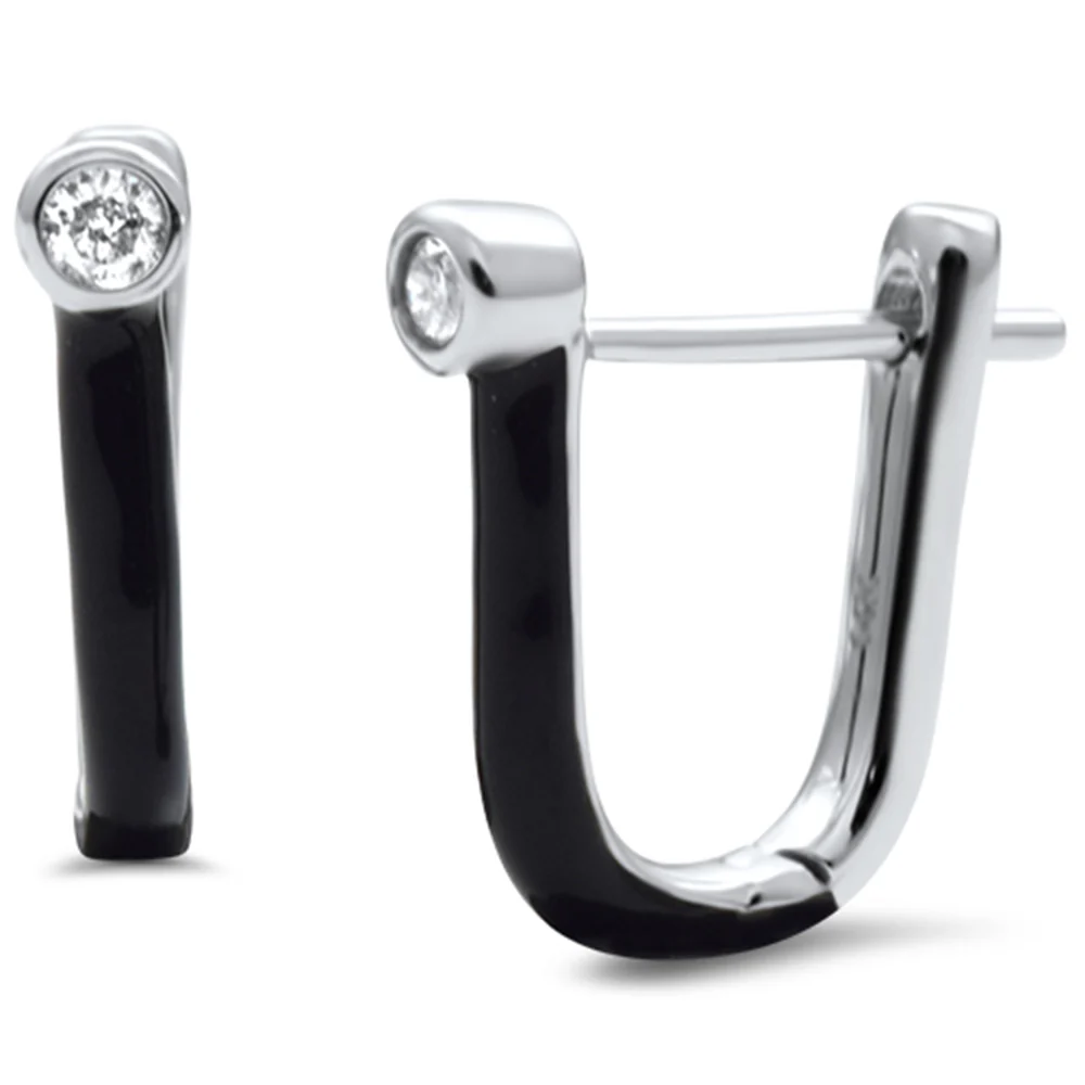 <span style="color:purple">SPECIAL!</span> .08ct G SI 14K White Gold Diamond & Black Enamel Hoop Earrings