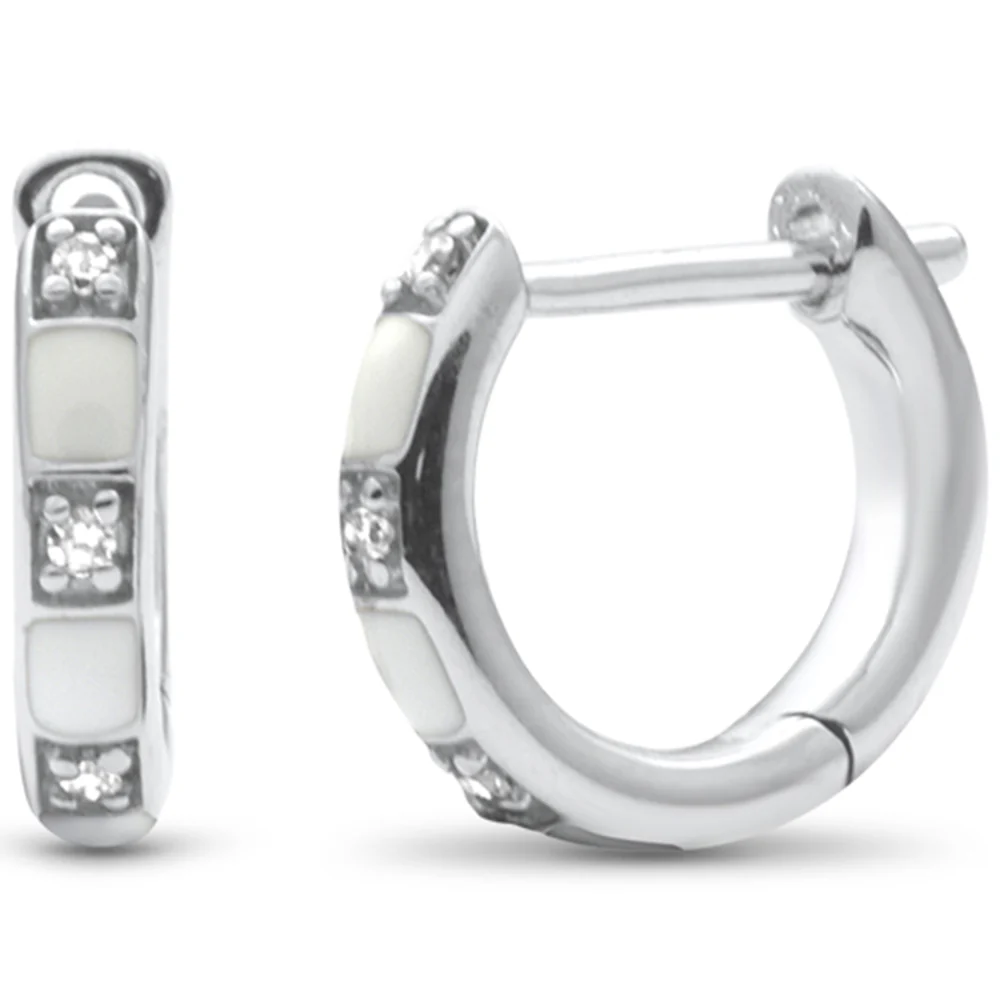 .04ct G SI 14K White Gold Diamond & White Enamel Hoop Earrings