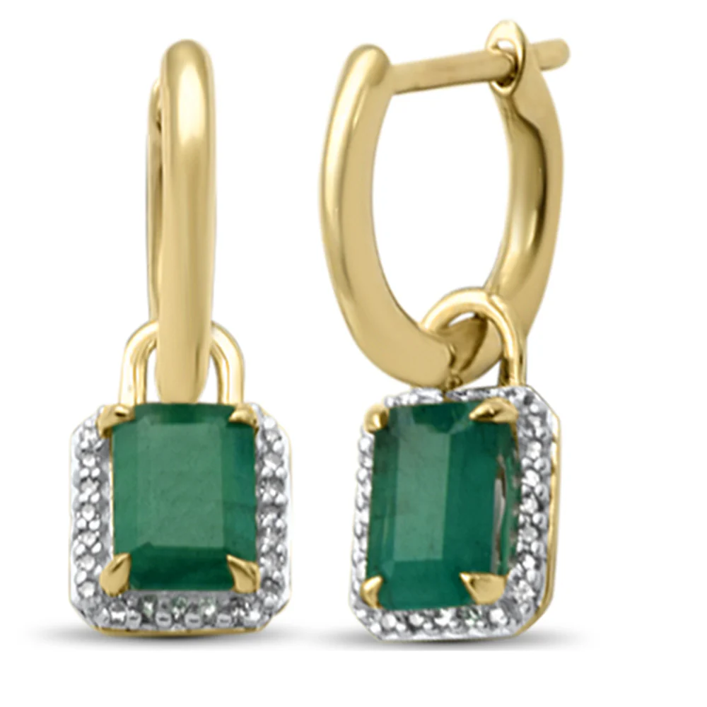 <span style="color:purple">SPECIAL!</span>1.41ct G SI 14K Yellow Gold Diamond & Emerald Gemstones Dangling Hoop Earrings