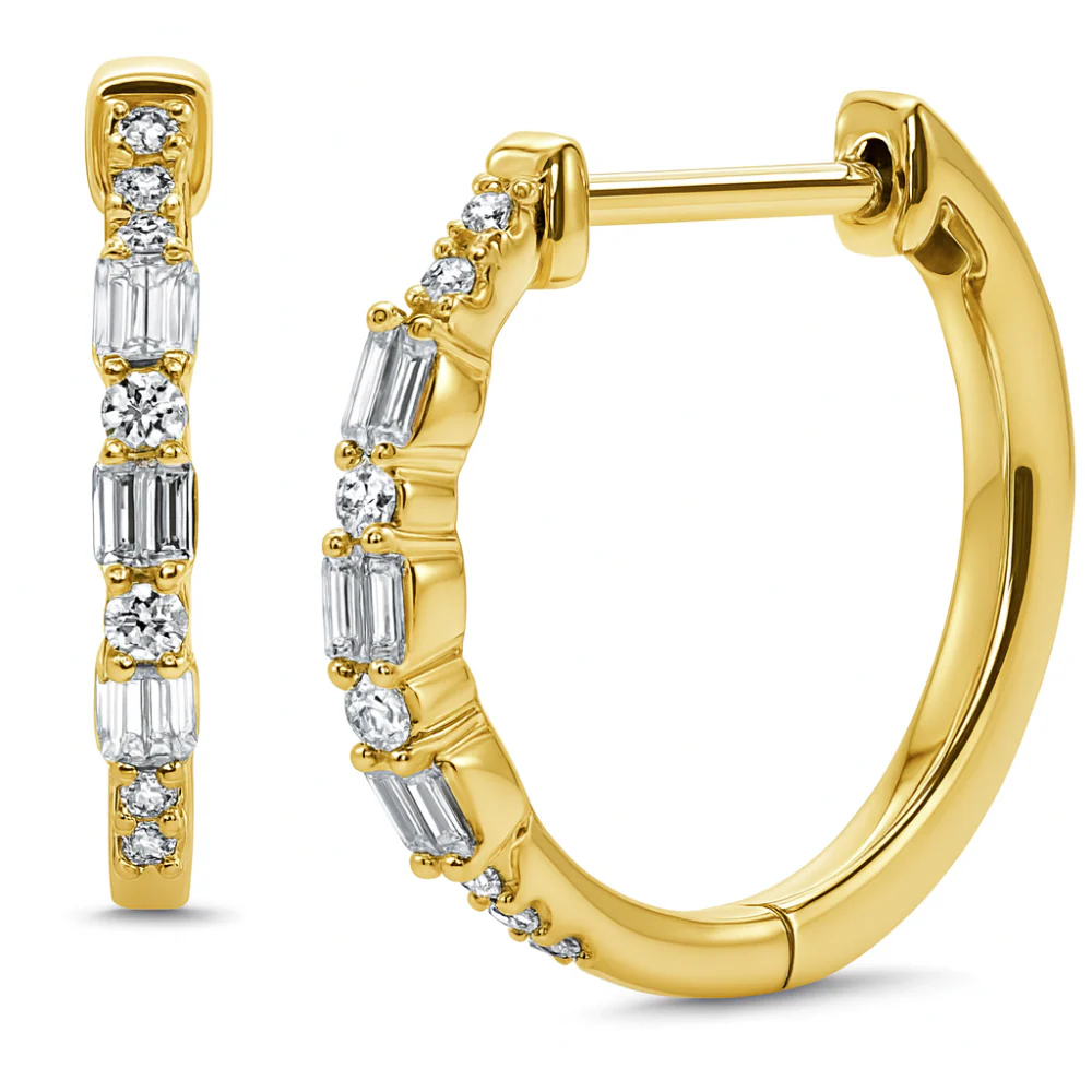 <span style="color:purple">SPECIAL!</span> .22ct G SI 14K Yellow Gold Round & Baguette Diamond Hoop Earrings