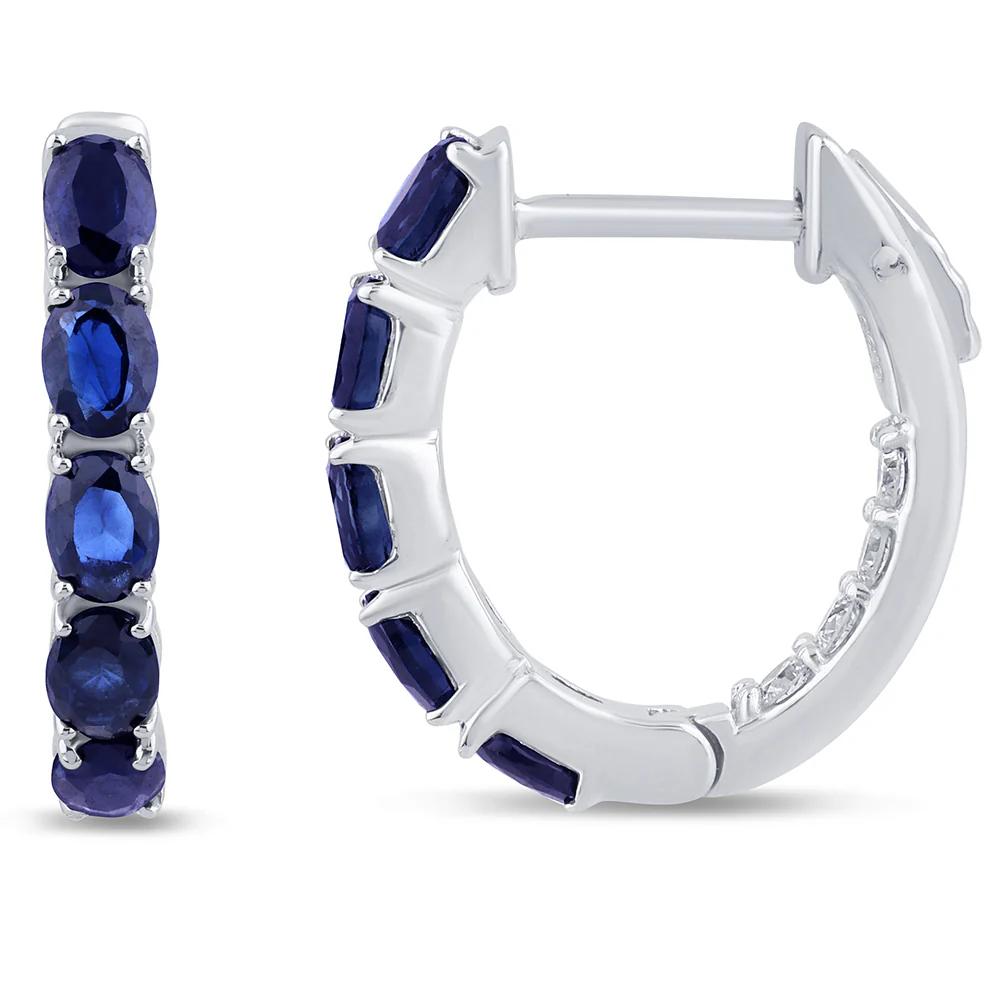 <span style="color:purple">SPECIAL!</span>1.85ct G SI 14K White Gold Diamond & Blue Sapphire Gemstones Hoop Earrings