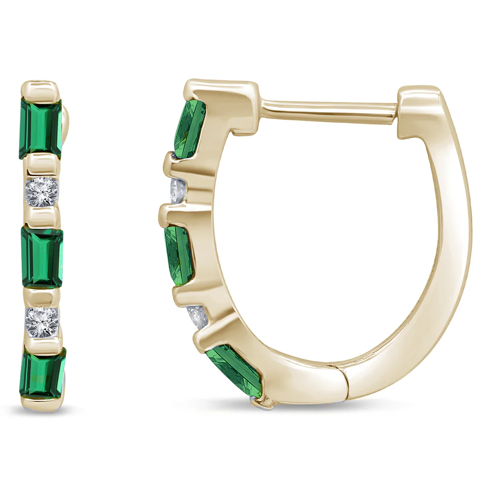 <span style="color:purple">SPECIAL!</span> .26ct G SI 14K Yellow Gold Diamond & Natural Emerald Gemstones Hoop Earrings