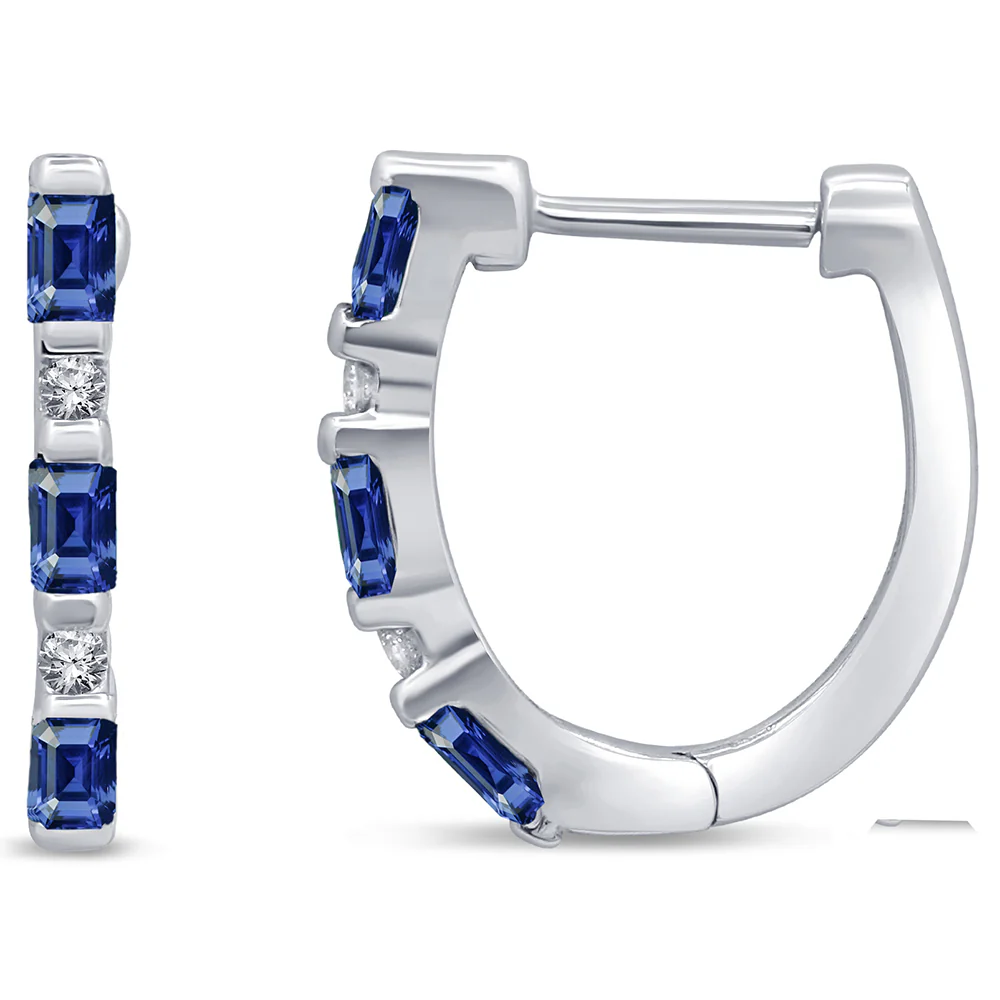 <span style="color:purple">SPECIAL!</span>.32ct G SI 14K White Gold Diamond & Blue Sapphire Gemstones Hoop Earrings