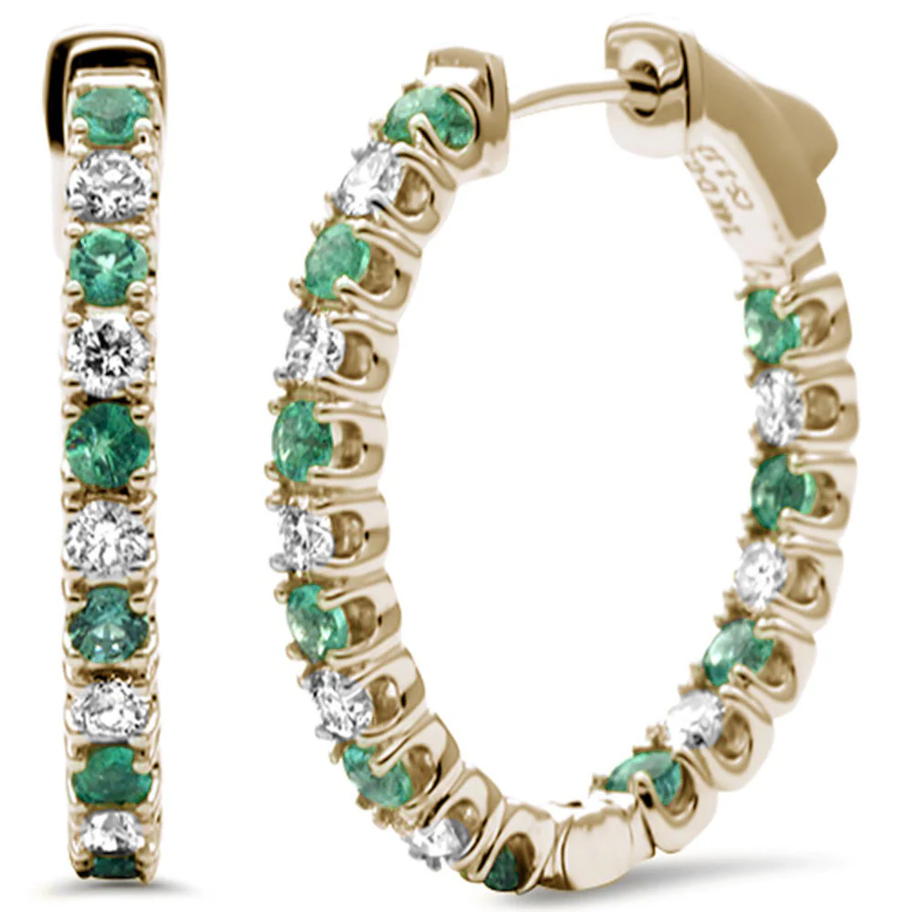 <span style="color:purple">SPECIAL!</span>1.92ct G SI 14K Yellow Gold Diamond & Genuine Emerald Gemstones Hoop Earrings