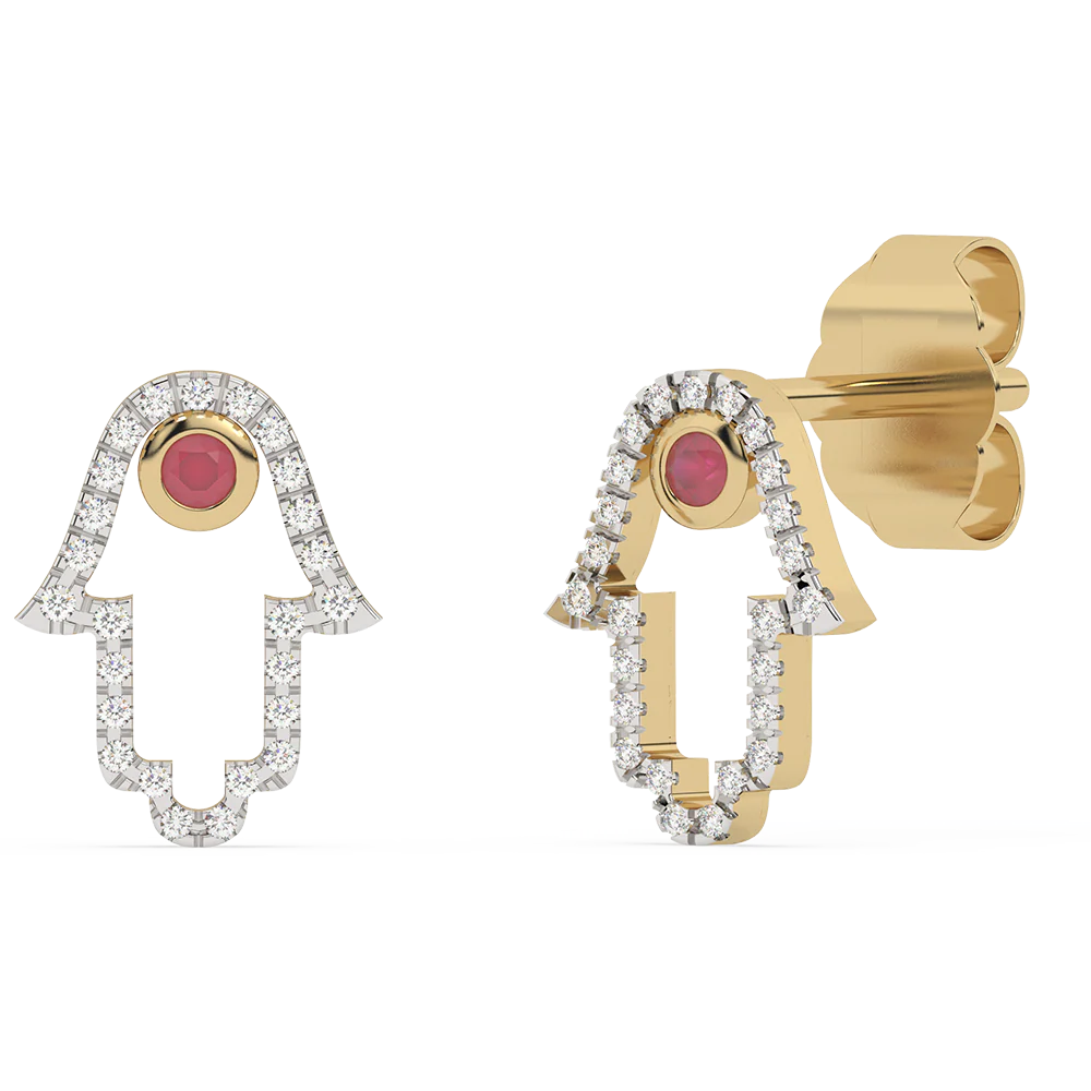<span style="color:purple">SPECIAL!</span>.24ct G SI 14K Yellow Gold Diamond & Ruby Gemstones Hamsa Earrings