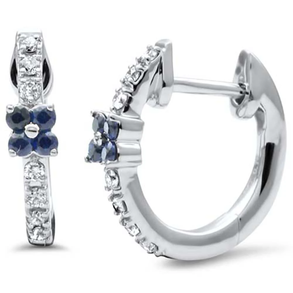 <span style="color:purple">SPECIAL!</span> .21ct G SI 14K White Gold Diamond & Blue Sapphire Gemstones Petite Hoop Earrings